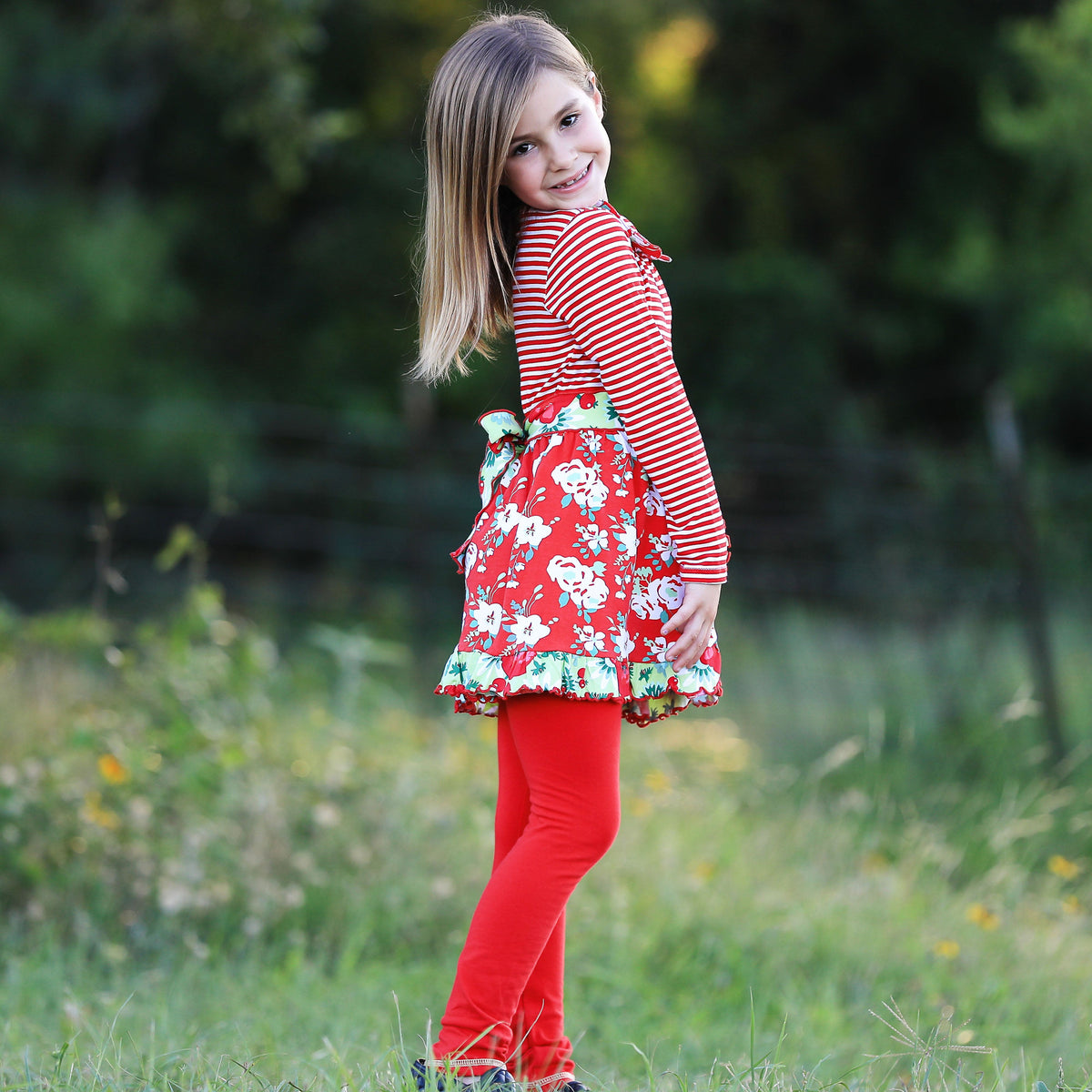 AnnLorenGirls Boutique Red Christmas Floral Holiday Dress Legging Set