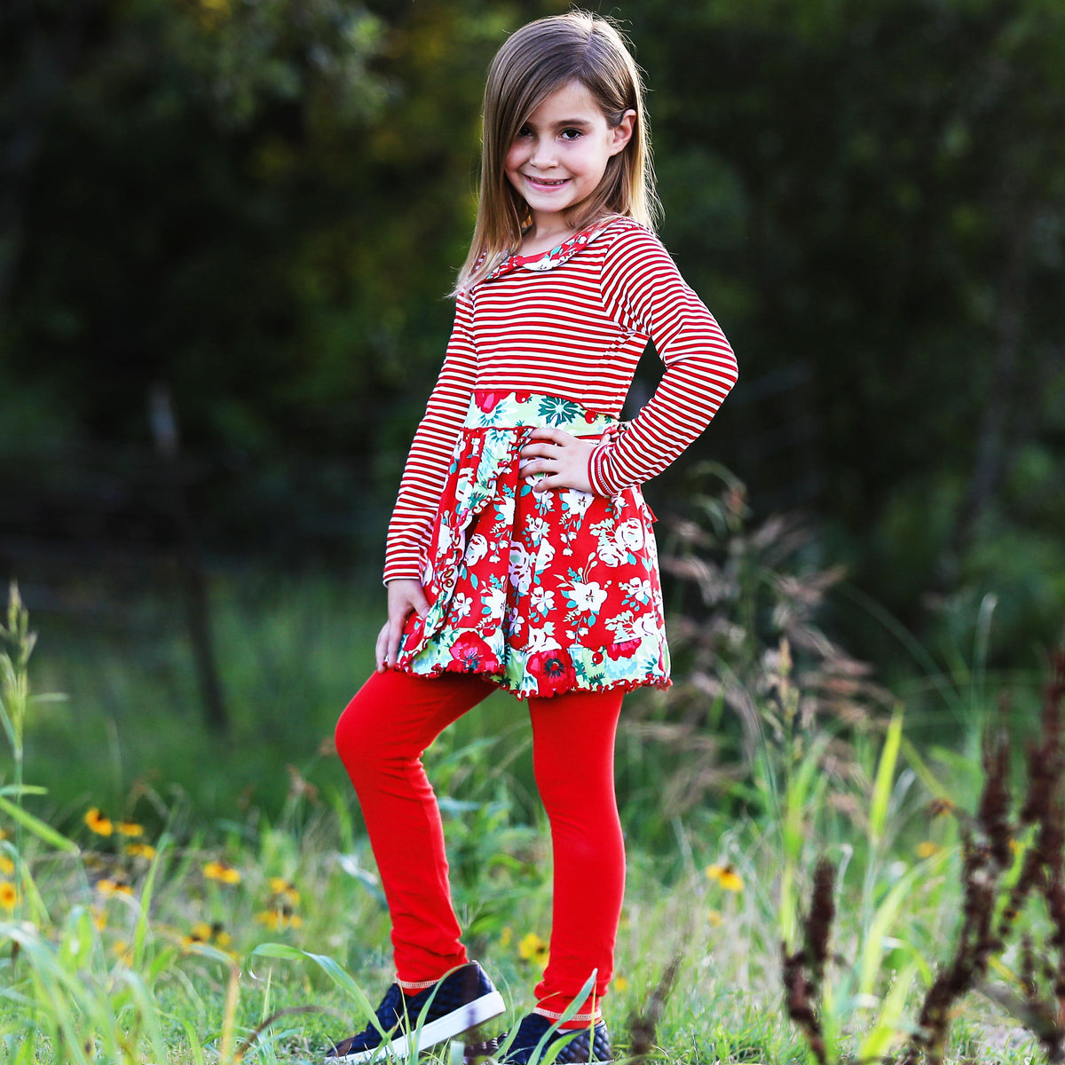 AnnLorenGirls Boutique Red Christmas Floral Holiday Dress Legging Set