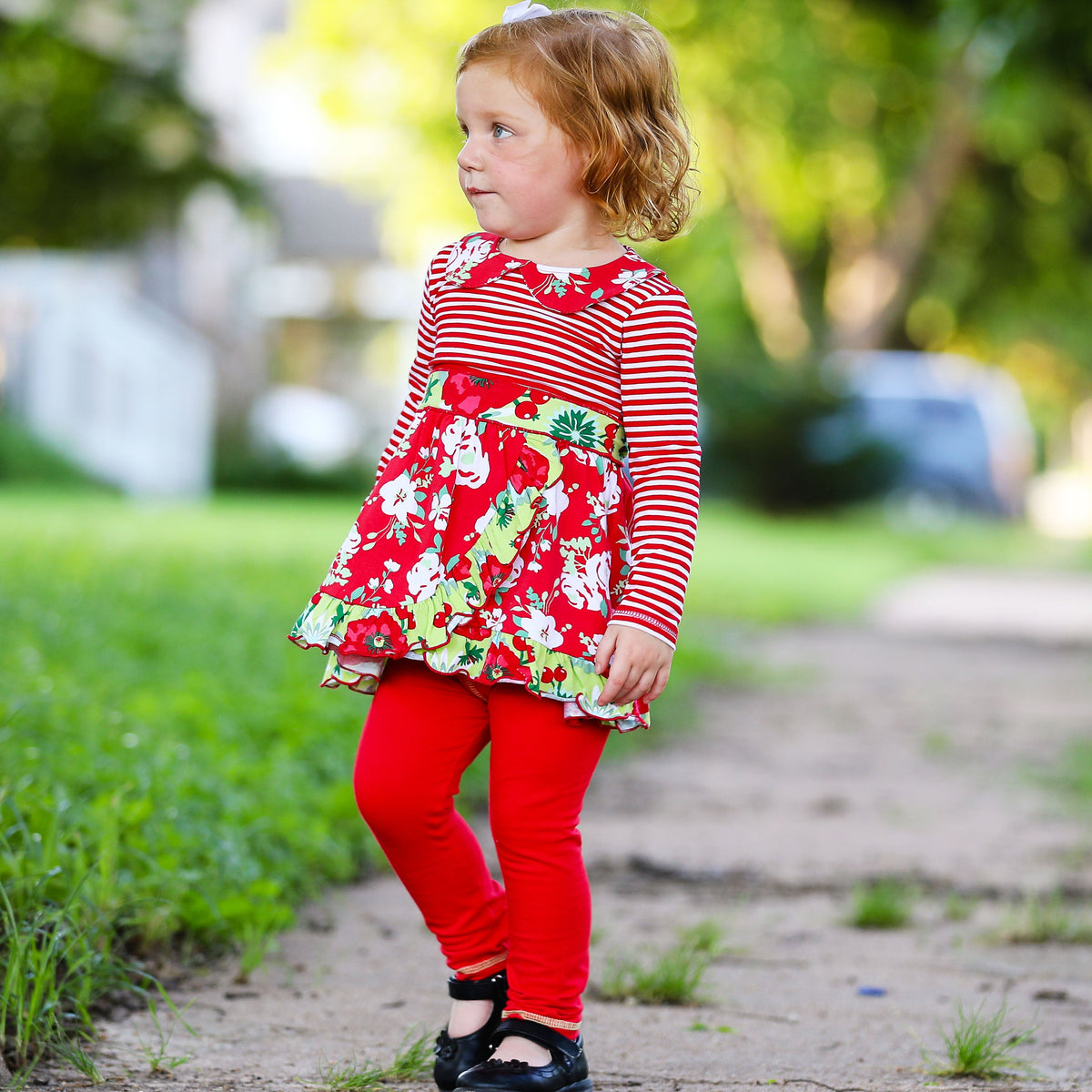 AnnLorenGirls Boutique Red Christmas Floral Holiday Dress Legging Set