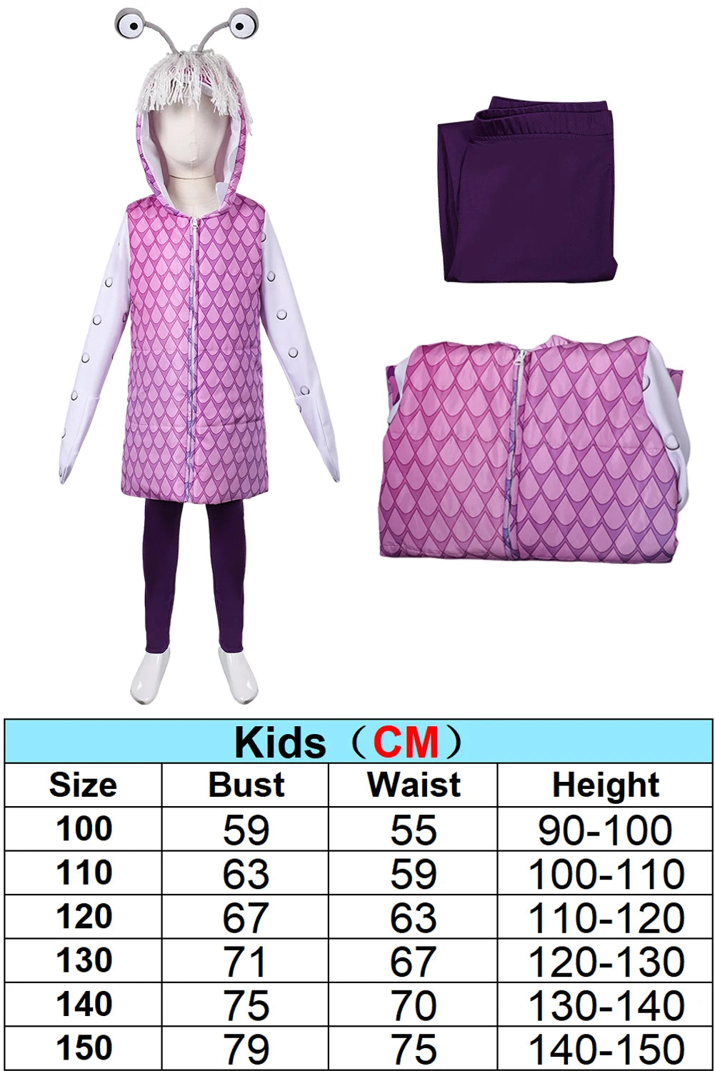 Kids Cartoon Monsters Inc Boo Cosplay Purple Costume Hooded Coat Pants Monsters Hat Girls Halloween Roleplay Outfits Party