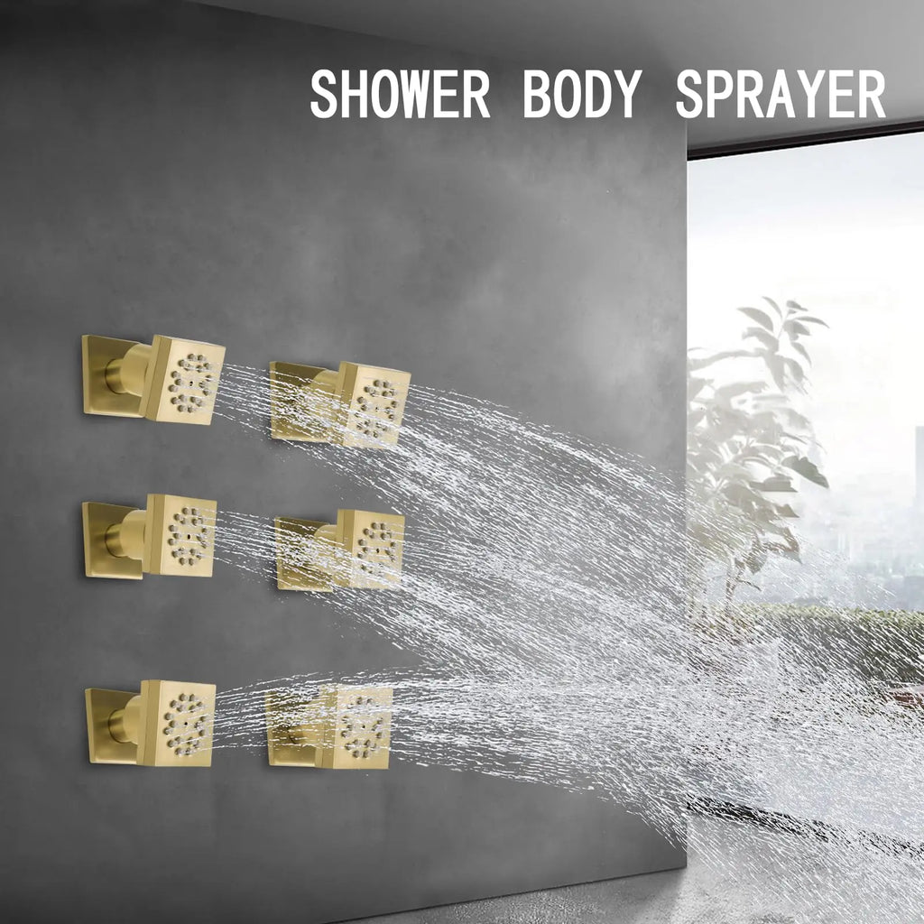 6-Piece Brushed Gold Square Shower System, 2-Function Side Spray Panel with Adjustable Arm, Luxury Bathroom Set for Hotel/SPA