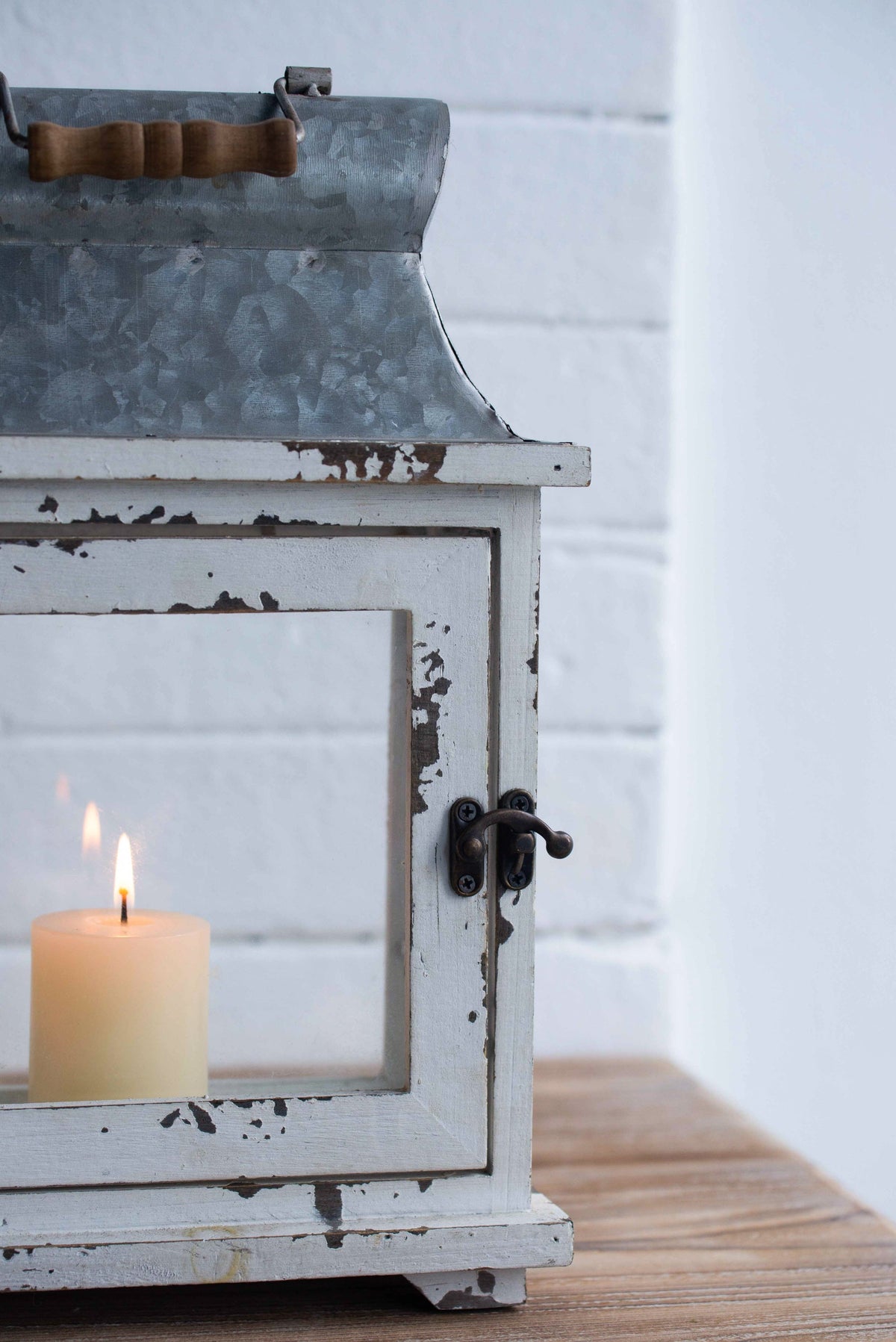 Set of 2 White Wood & Metal Hurricane Candle Lanterns