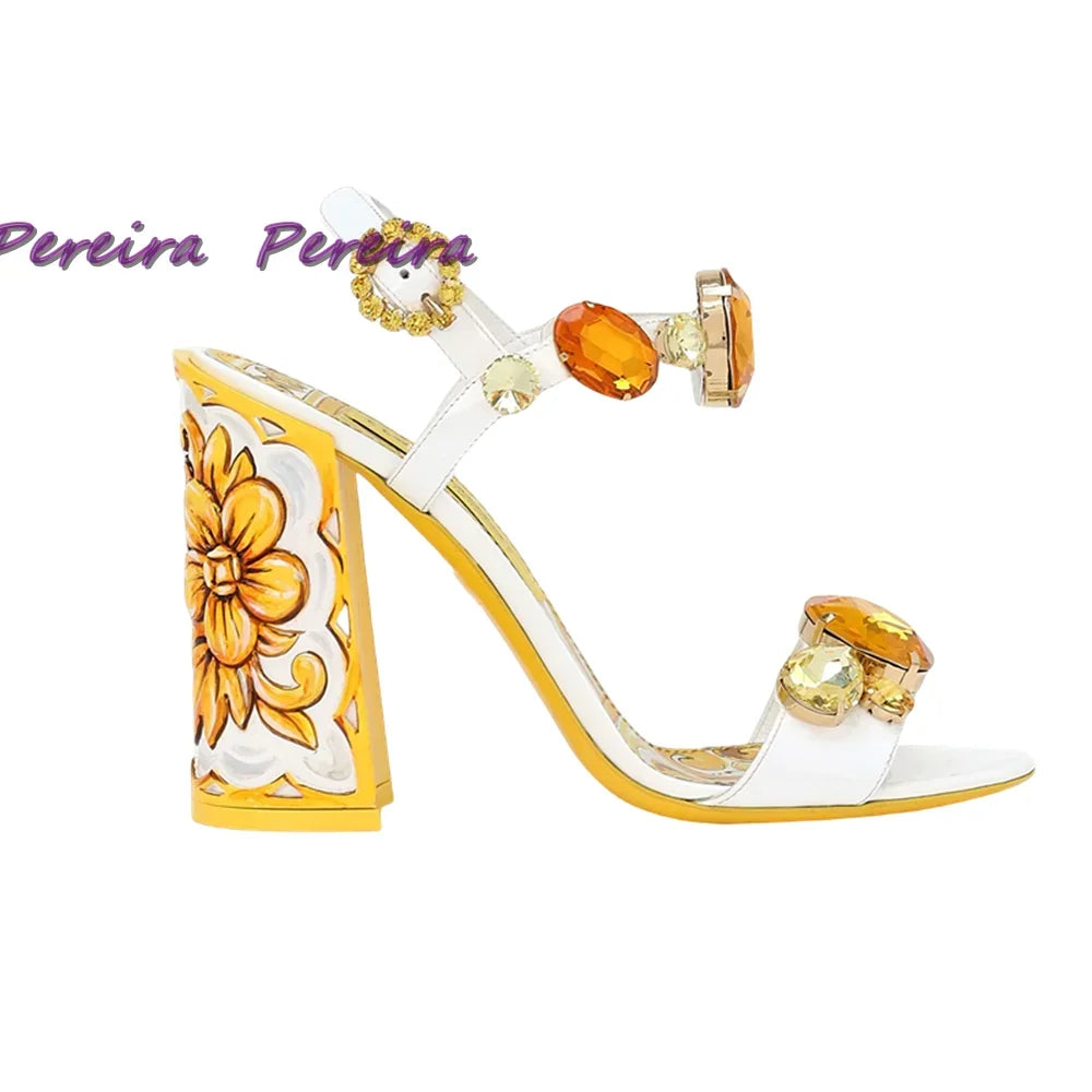 Classic Colorful Gemstone Sandals Crystal Open Toe Chunky Heel Buckle Strap High Heel Flower Designer Women Dress Party Shoes