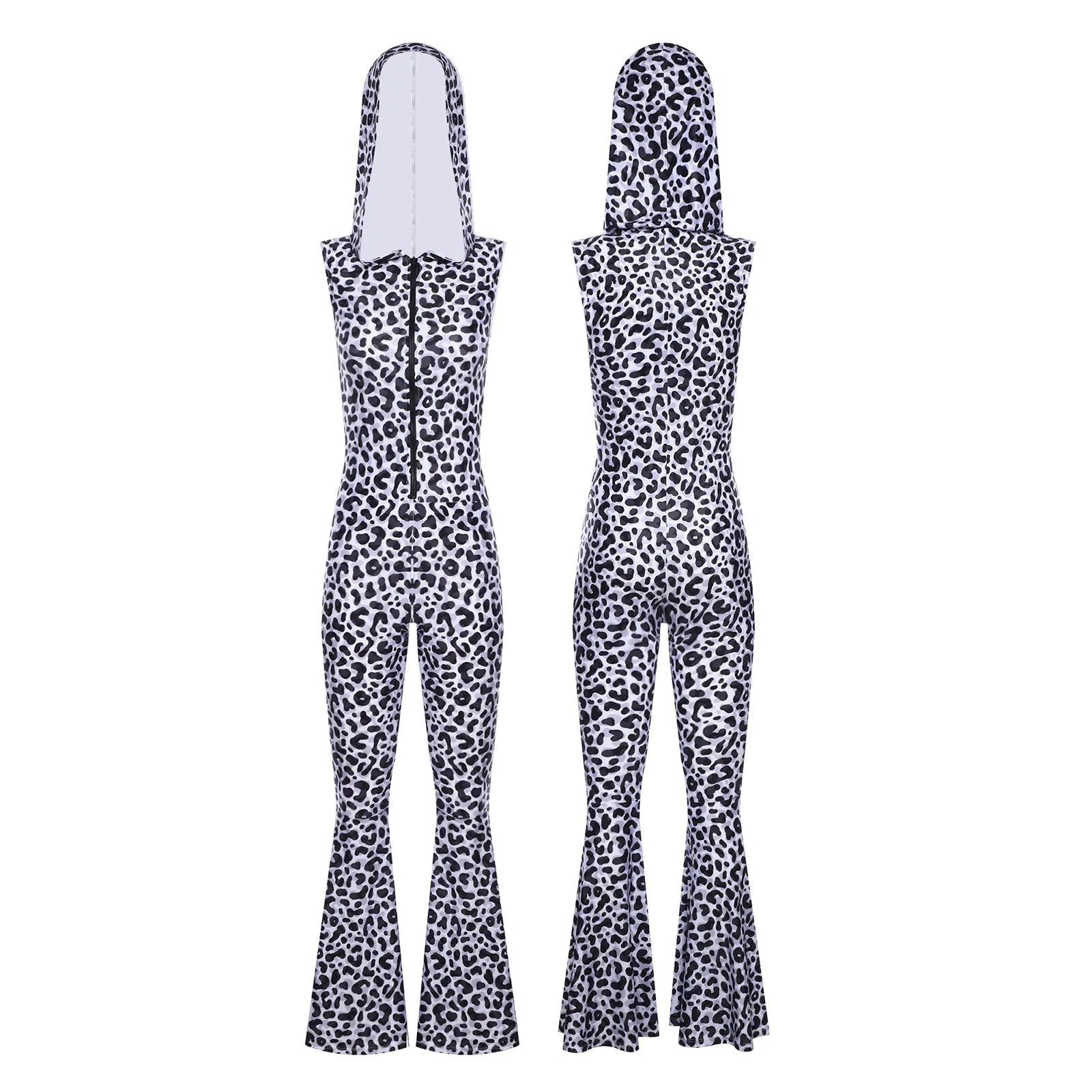 Women Halloween 90s Disco Hippie Cosplay Costume Sleeveless Zipper Printed Bell-Bottom Hooded Jumpsuit for Theme Party Carnival