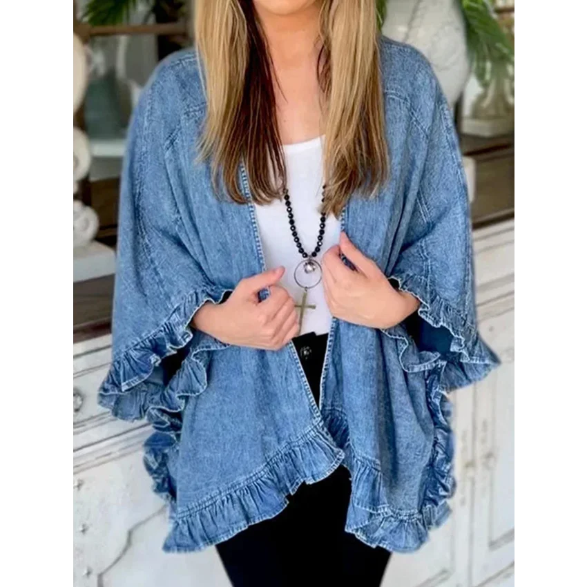 Vintage Blue Denim Jacket Female Fashion Streetwear Lapel 3/4 Sleeves Ruffle Cardigan Loose Women Coat