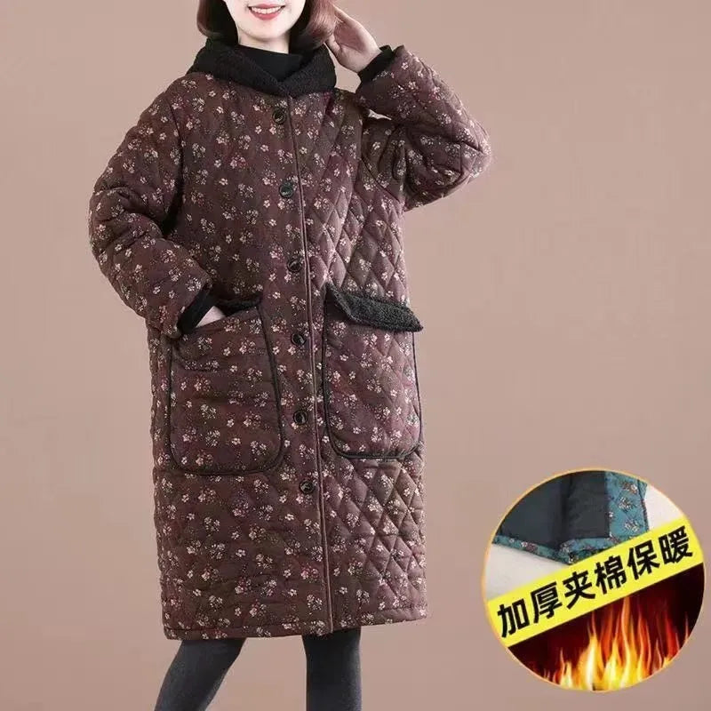 Winter Women's Cotton Parka Clothes Floral Folder Velvet Add Thick Keep Warm Hooded Ladies Mid-Length Cotton Coat JJ142