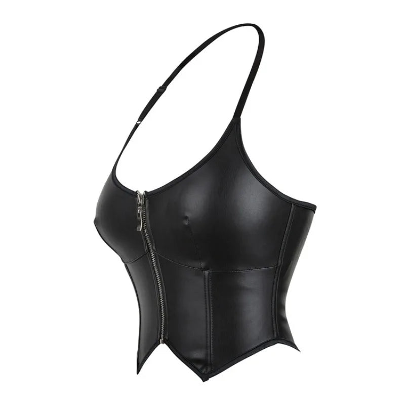 Gothic Leather Halter Sexy Women Corset Retro Overbust Lace Up Zipper Waist Trainer Bustier Lingerie Slimming Body Shaper Bodice