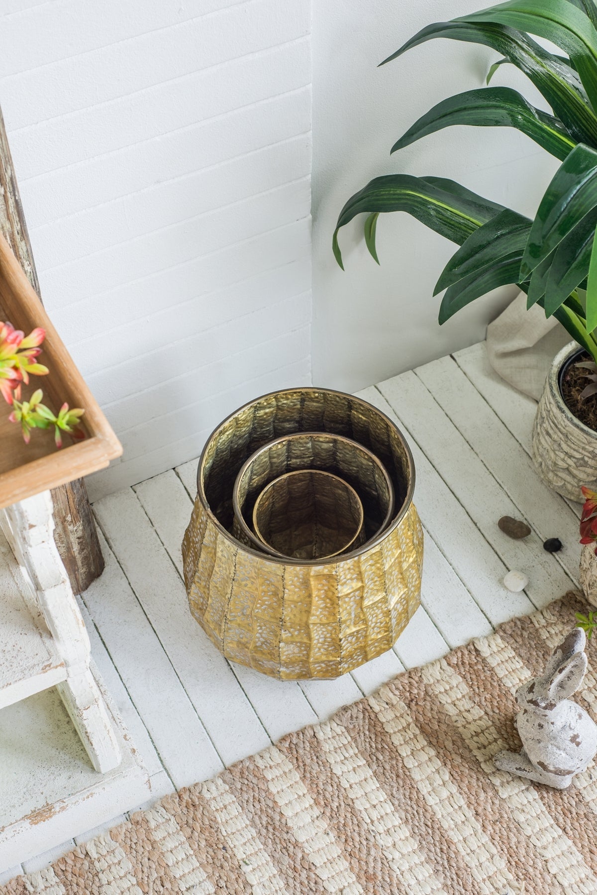 Set of 3 Distressed Antique Yellow Metal Planters, 14 in Tall