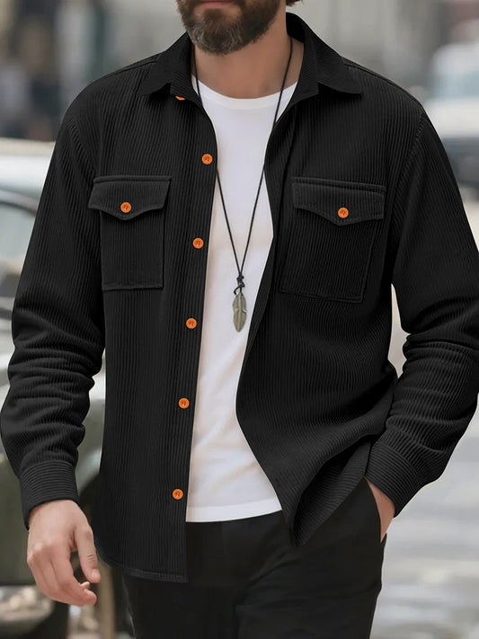 Casual Men's Corduroy Shirt Jacket Spring Autumn Vintage Button-up Turn-down Collar Cargo Jackets Men Fashion Textured Cardigans