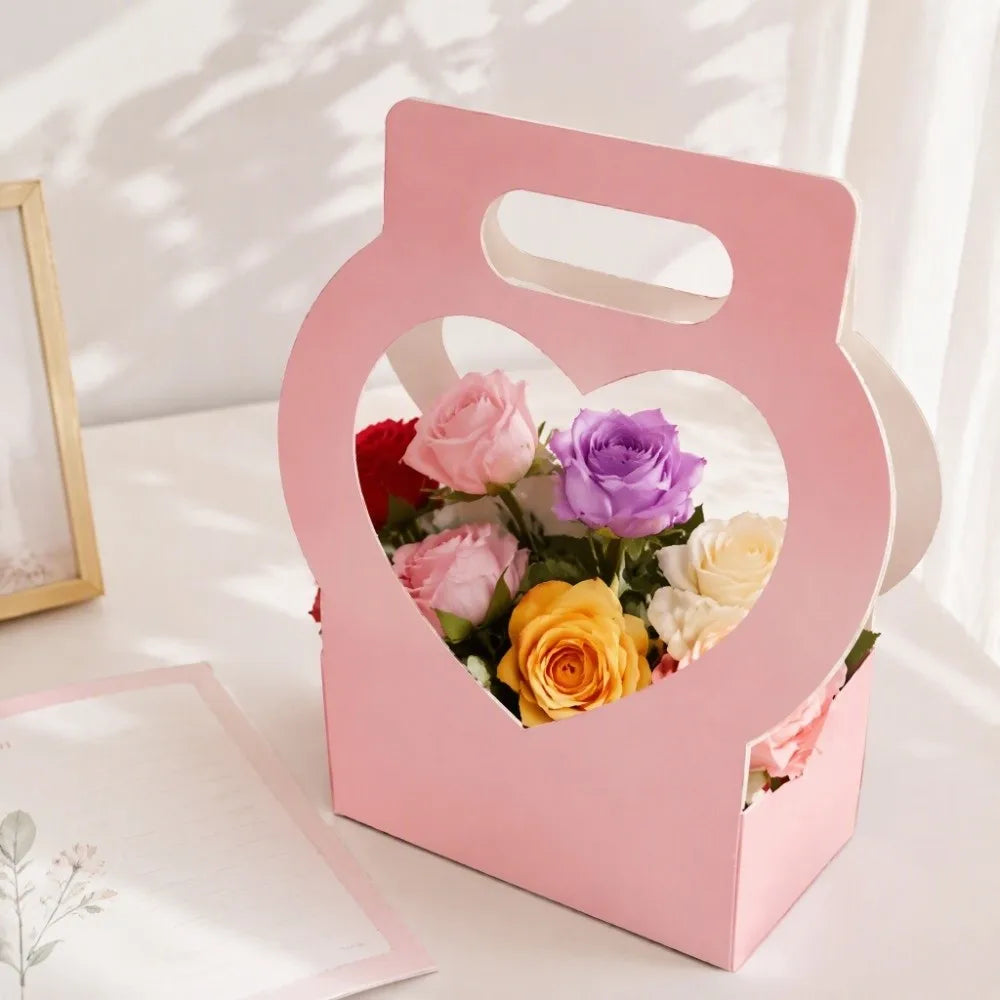 3PCS Heart-Cutout Flower Gift Box Romantic Portable Paper Flower Box With Handle Foldable Floral Wrap Box Birthday Party
