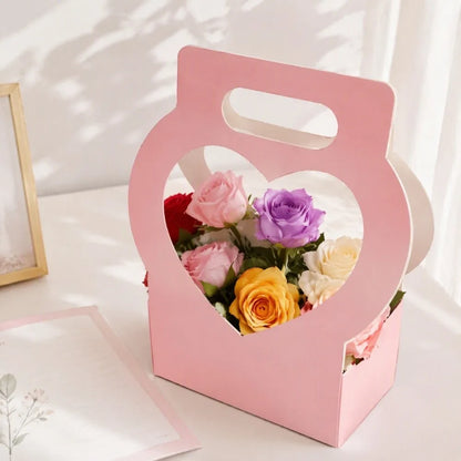 3PCS Heart-Cutout Flower Gift Box Romantic Portable Paper Flower Box With Handle Foldable Floral Wrap Box Birthday Party