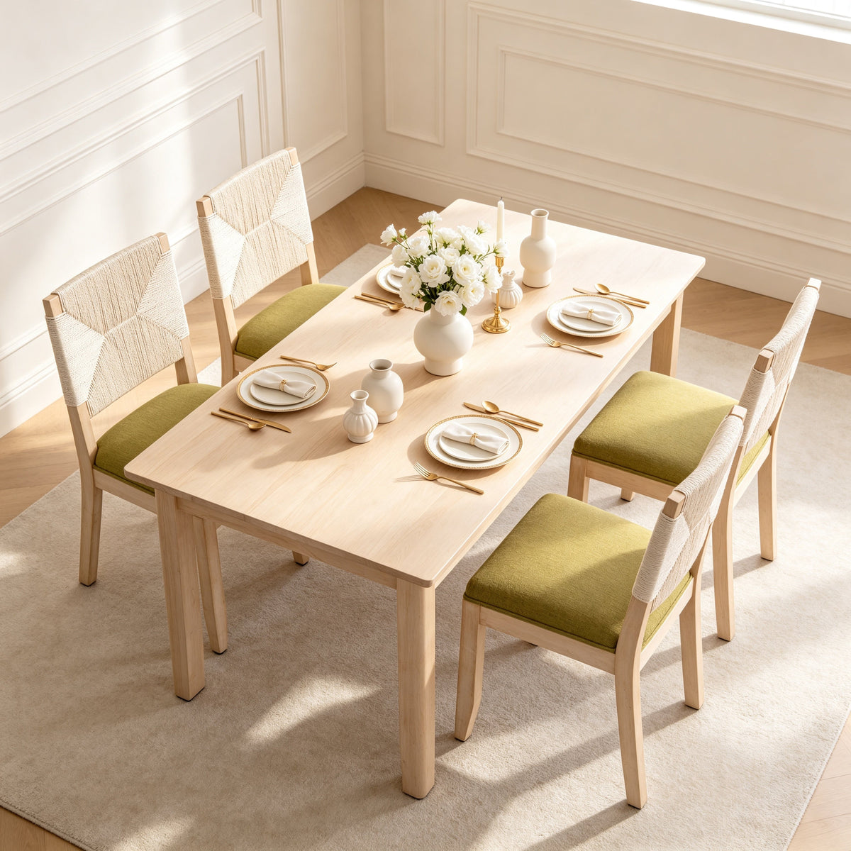 Dining Chairs Set of 2 with Woven Rope Backs and Linen Seats, French