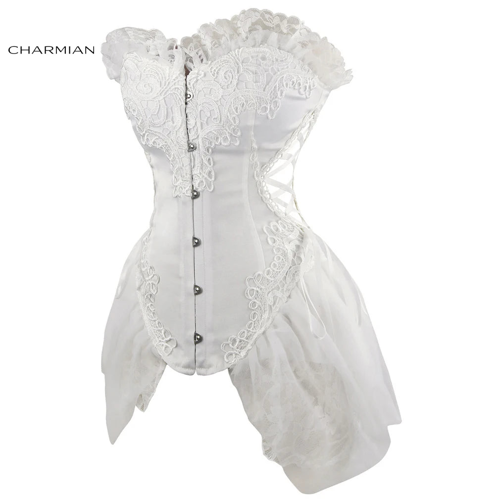 Charmian Burlesque Corset Fantasy Women Sexy Gothic Strapless Floral Lace Plus Size Lace Up Corset with Skirt Bustier Lingerie