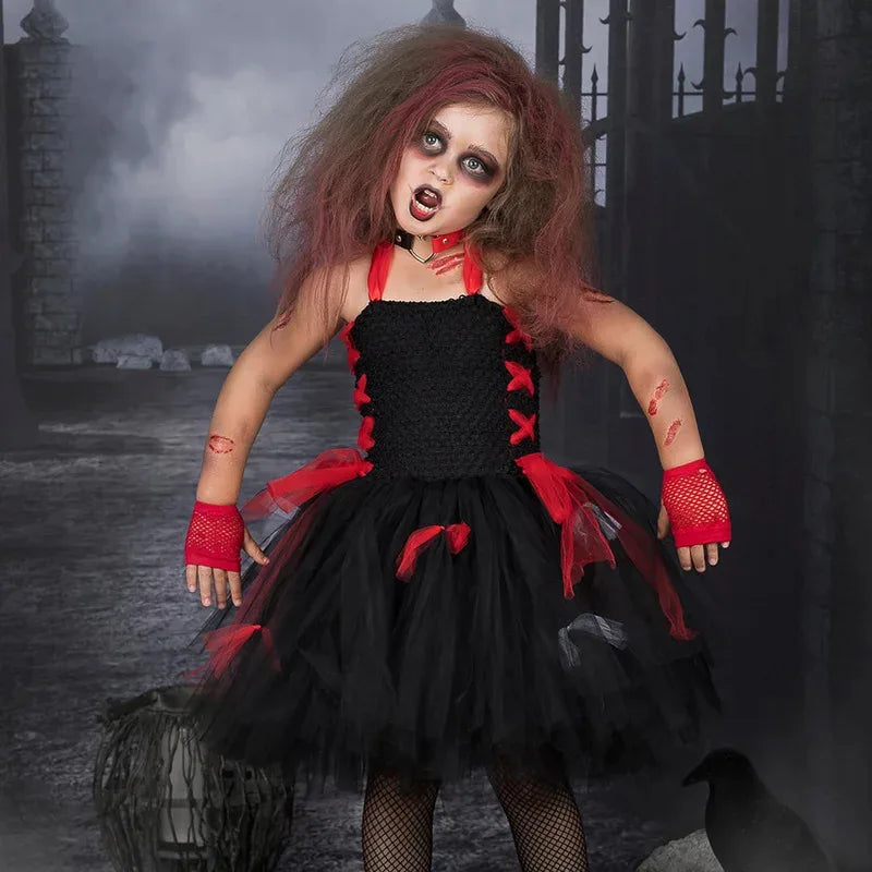 Children's Halloween Zombie Bride Horror Skeleton Vampire Puff Dress Flower Tutu Dress Stage Role Playing  Sleeveless Dress