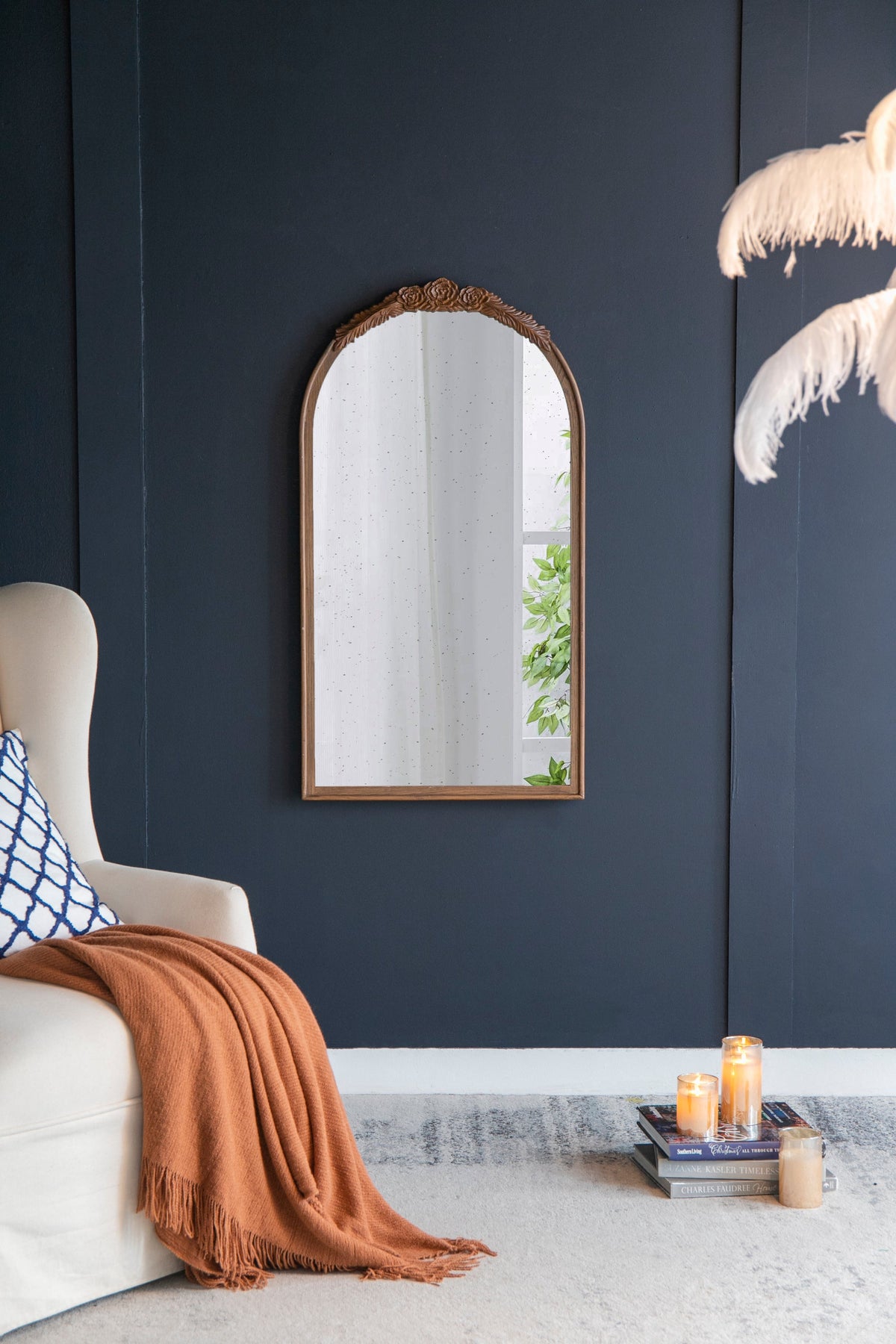 Hand-Carved Rose Arched Wall Mirror, Available in 2 Colors