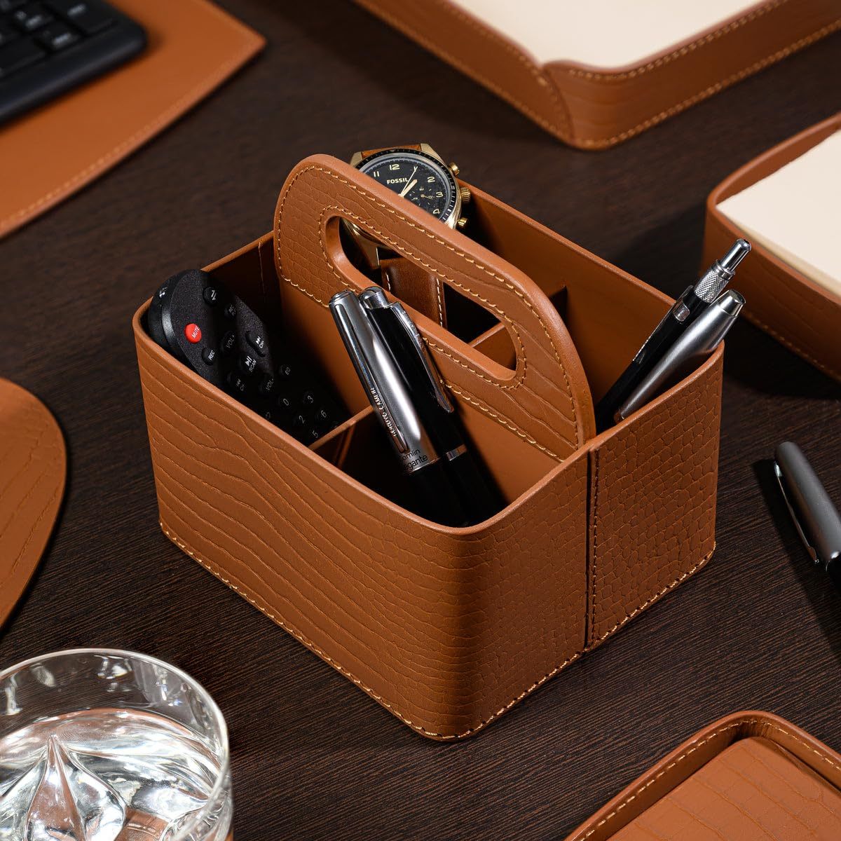 Leather Remote Holder 4 Slot Stand