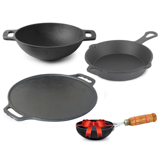 Pre-Seasoned Cast Iron Cookware Set, 4 Pcs Black