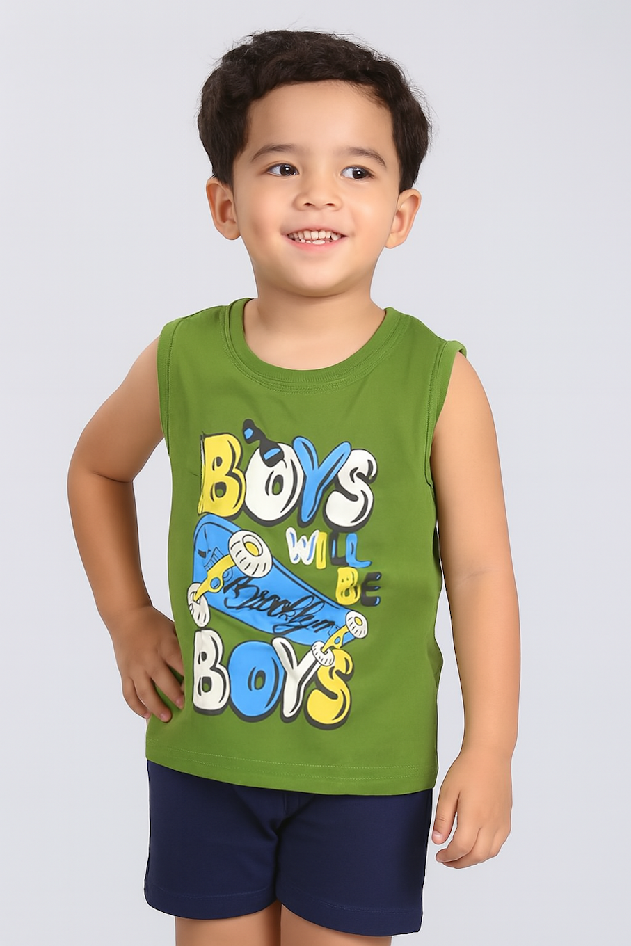 Sleeveless Cotton T-Shirt Vest for Boys-Green (Size-3-4 YEAR) | D120