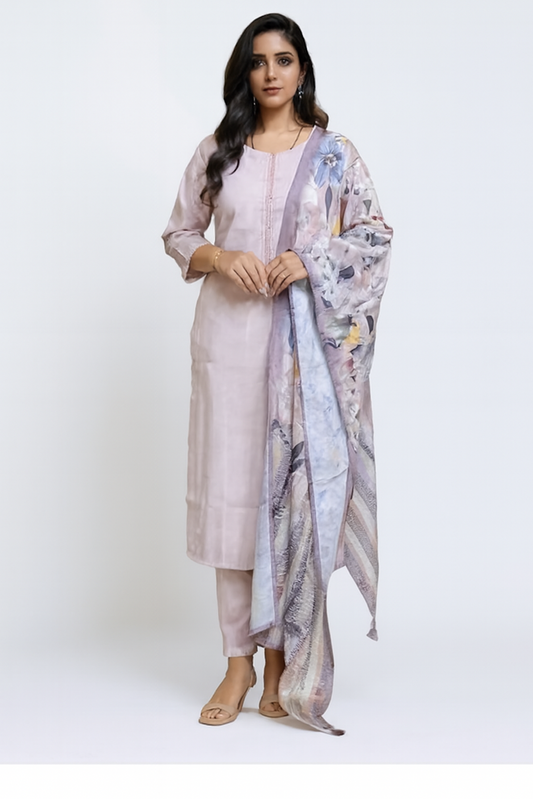 Festive Kurta Set with Matching Dupatta-Lilac (Size-2XL) | D23