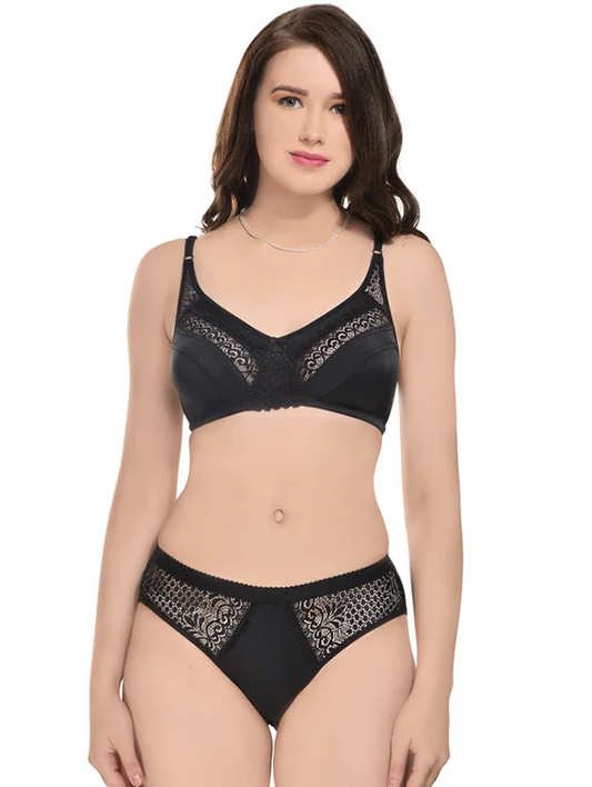 Black Lycra Bras And Panty Set(Size30)(ColorBlack)