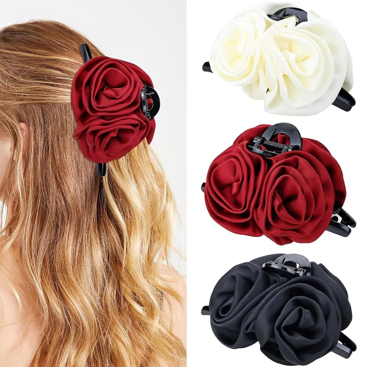 Rose Fabric Hair Claw Clips Elegant Set of 3