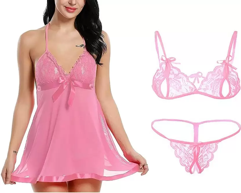 Women's Bra & Panty Set Self Design Pink Lingerie Set (Size 34)