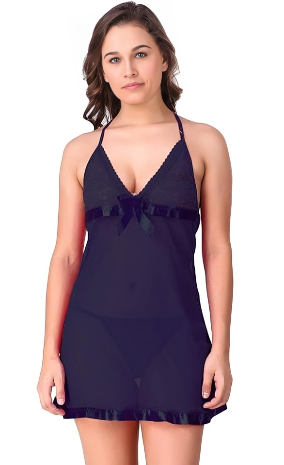 Women Babydoll Lingerie with Panty/g-String | Navy |Size-28A
