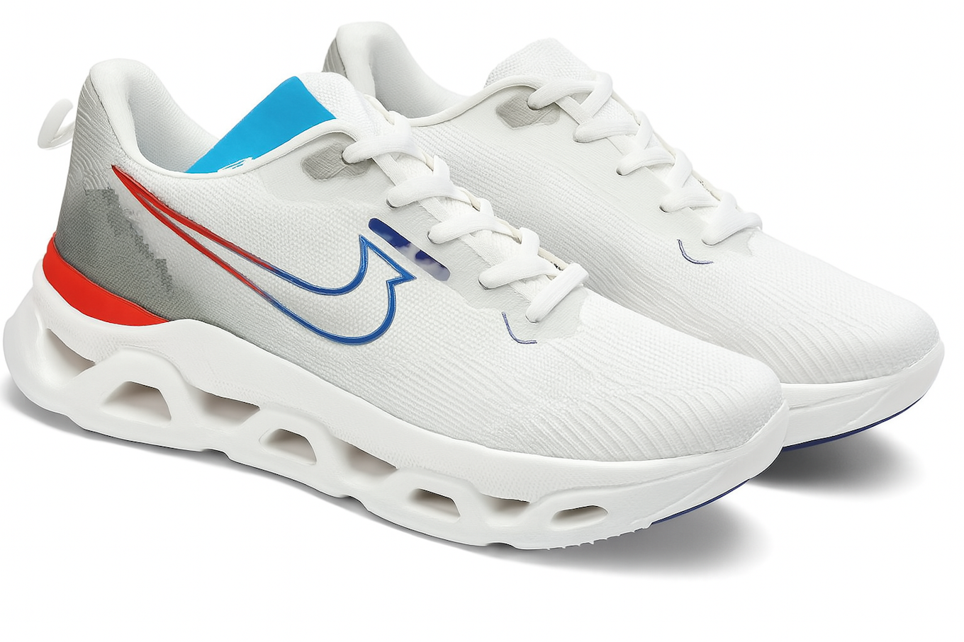 White Sneakers with Blue and Red Swoosh Design (Size-8 UK)