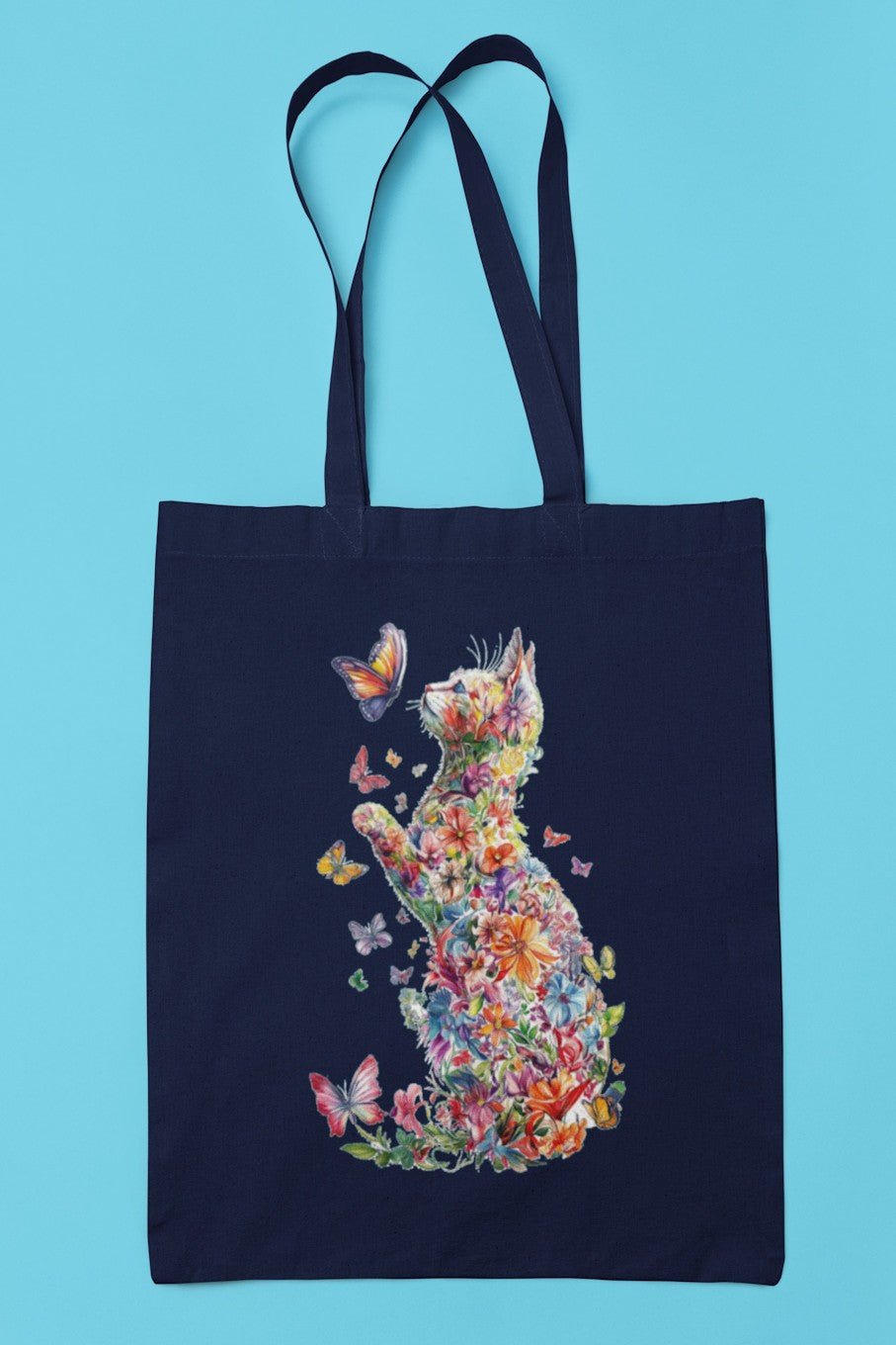 Floral Cat and Butterfly Canvas Tote Bag