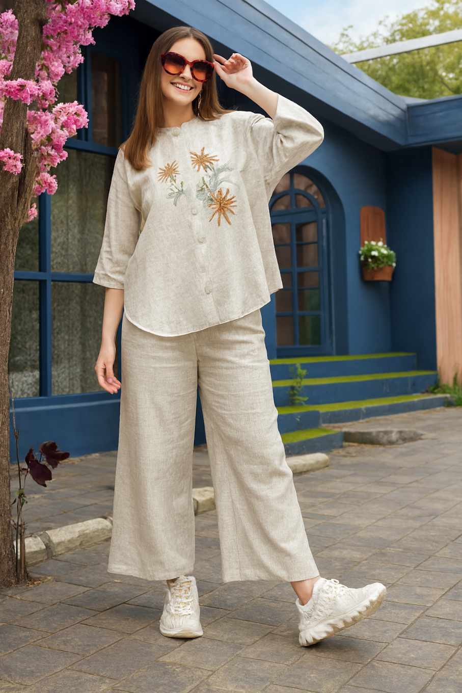 Two-Piece Relaxed Fit Co-Ord Set for Women-Off White (Size-S) | D33