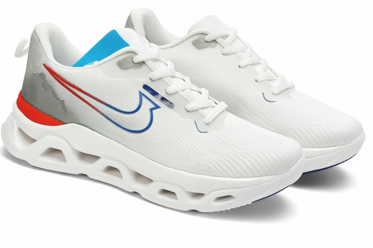White Sneakers with Blue and Red Swoosh Design (Size-7 UK)