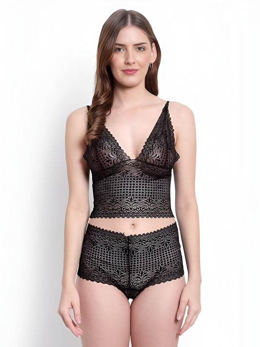 Self Design Lingerie Set, Black (Size-XL)