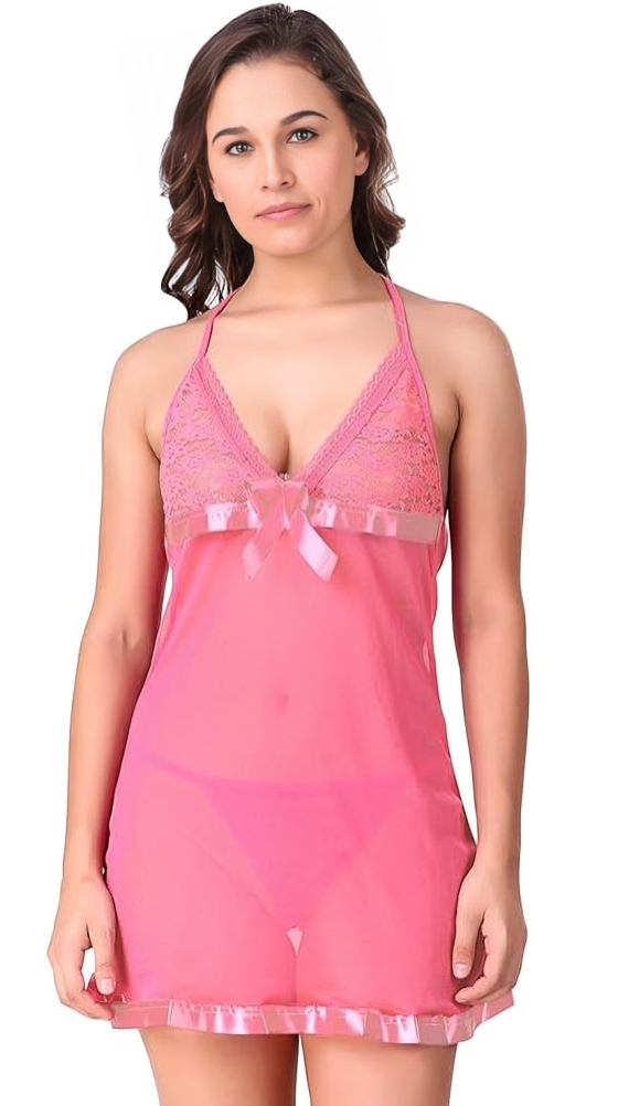 Women Babydoll Lingerie with Panty/g-String | Pink |Size-30A