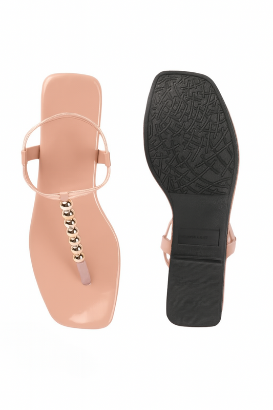 Pink T-Strap Flats with Gold Ball Embellishment (Size-8 UK)