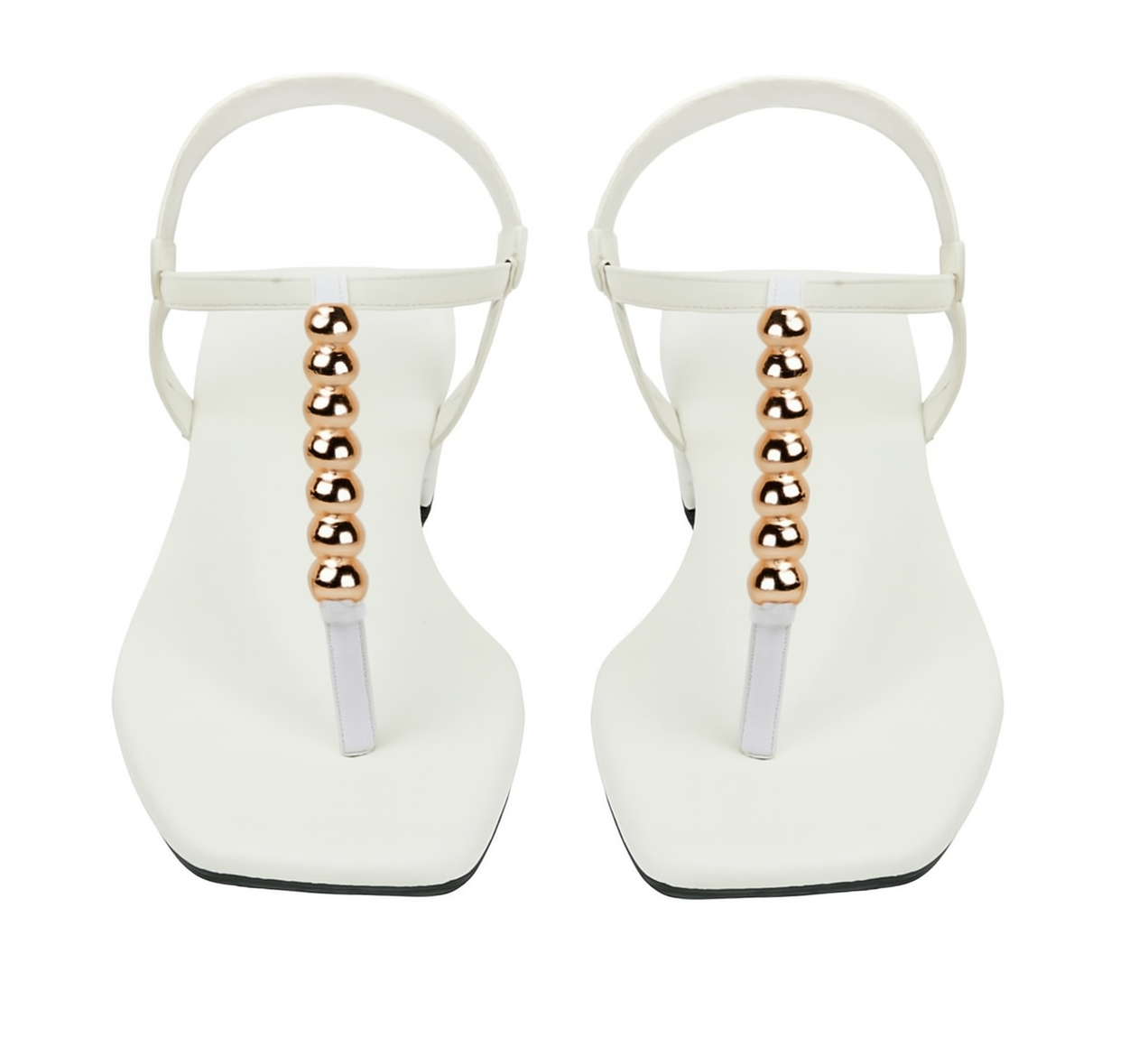 White T-Strap Flats with Gold Ball Embellishment (Size-7 UK)