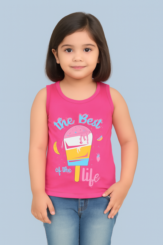 Cotton Printed Sleeveless Tshirt for Girls-Pink (Size-4-5 YEAR) | D128