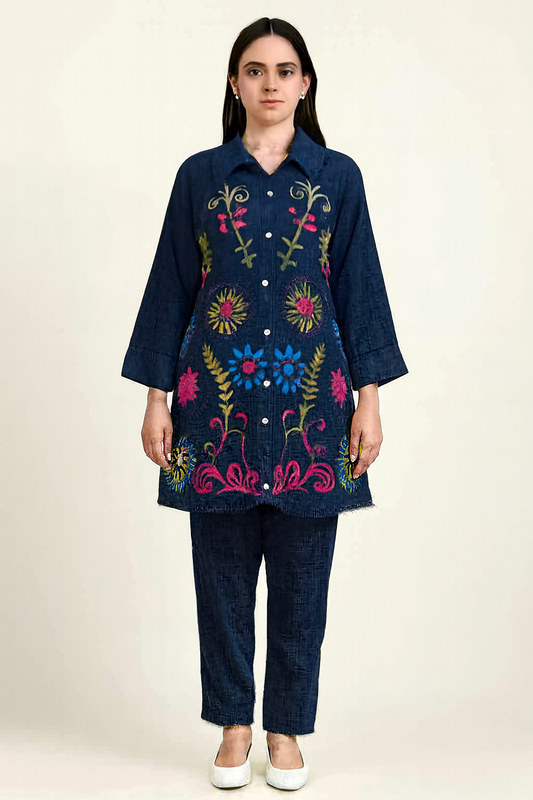 Floral Coord Set with Pockets Navy Blue (4XL)