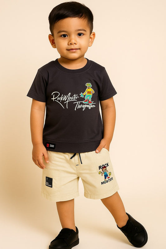 Boys Party(Festive) Shirt Shorts  (Black, Beige),(Size 1-2 Year)