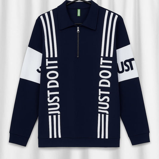 Navy Zip Polo Sweatshirt | "Just Do It" Stripes (Size-S)