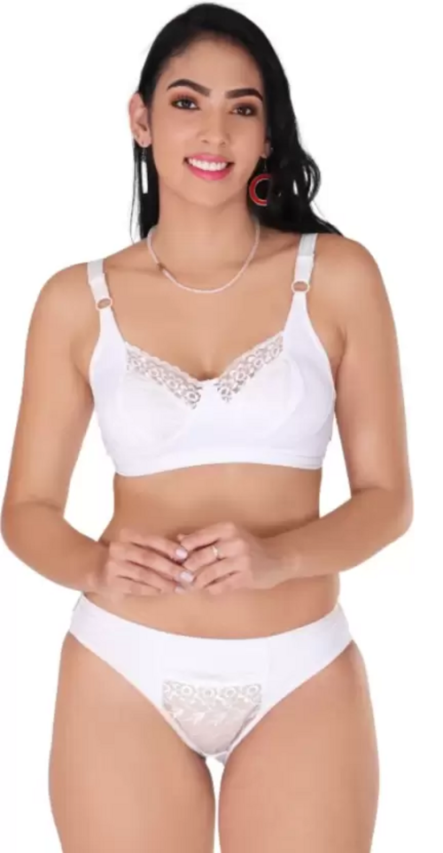 Women's Bra & Panty Set Self Design White Lingerie Set (Size 38)