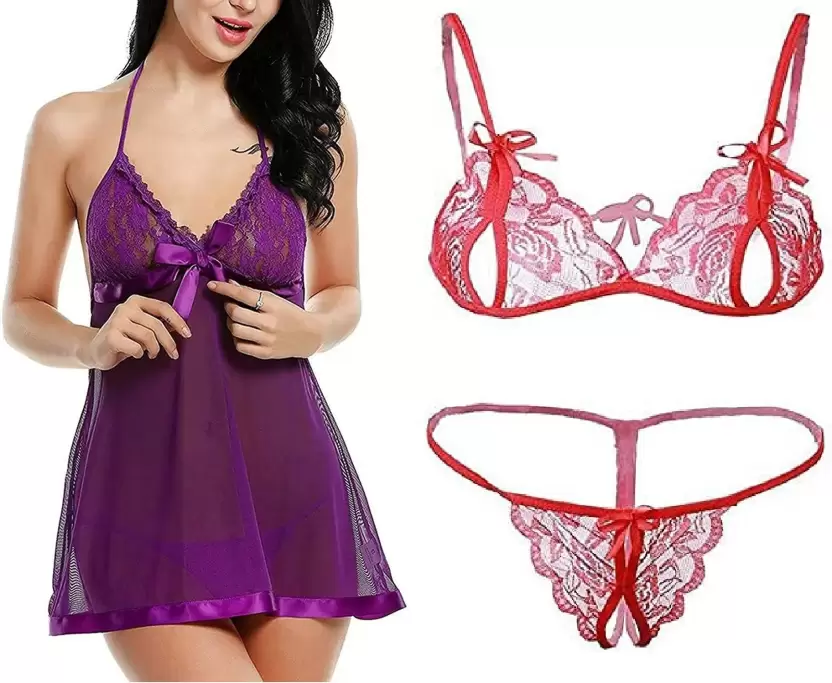 Women's Bra & Panty Set Self Design Purple, Red Lingerie Set (Size 32)