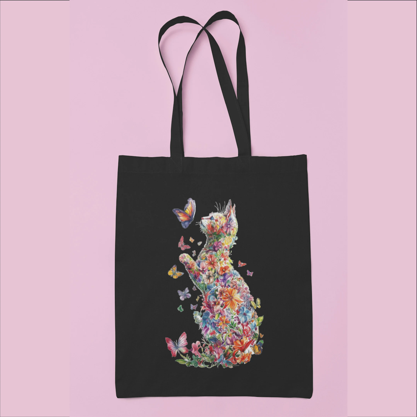 Floral Cat and Butterfly Canvas Tote Bag