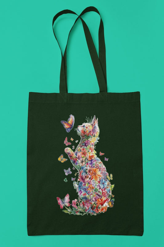 Floral Cat and Butterfly Canvas Tote Bag