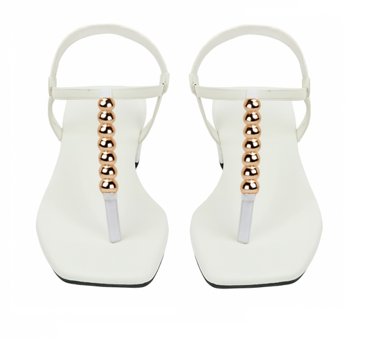 White T-Strap Flats with Gold Ball Embellishment (Size-3 UK)