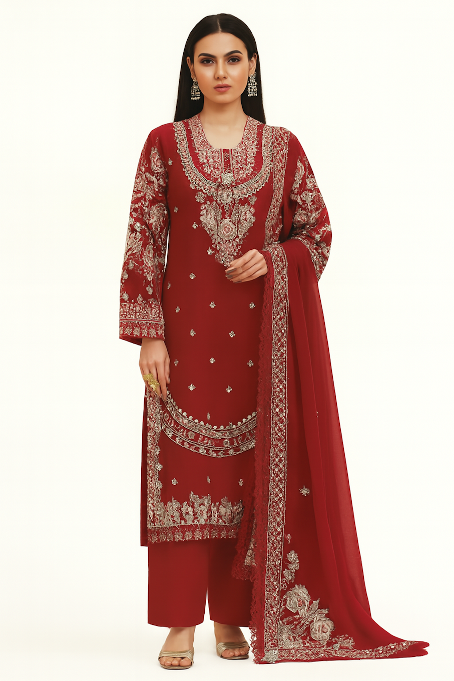 Women Embroidery Kurta Set-Red (Size-M) | D62