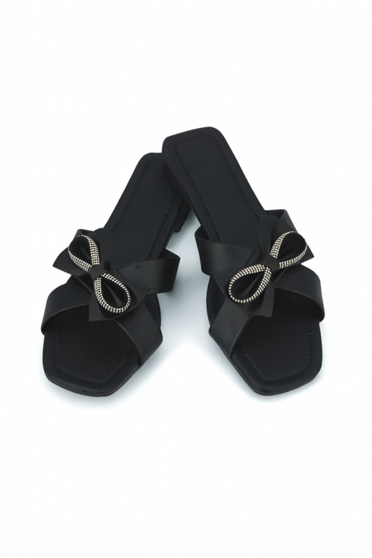 Black Flats with Crystal Bow Detail (Size-8 UK)