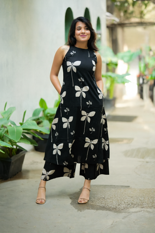 Floral Coord Set with Pockets Black White (3XL)
