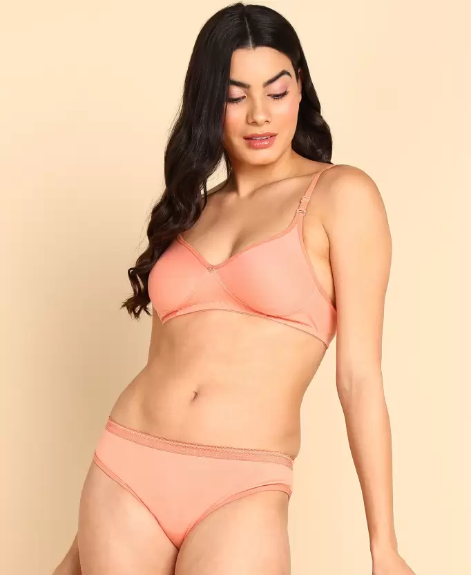 Women's Bra & Panty Set Solid Pink Lingerie Set (Size 32B)