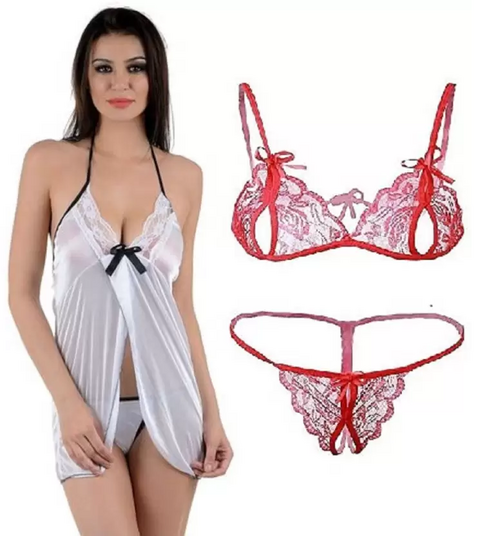 Women's Bra & Panty Set Self Design Silver, Red Lingerie Set (Size 30)