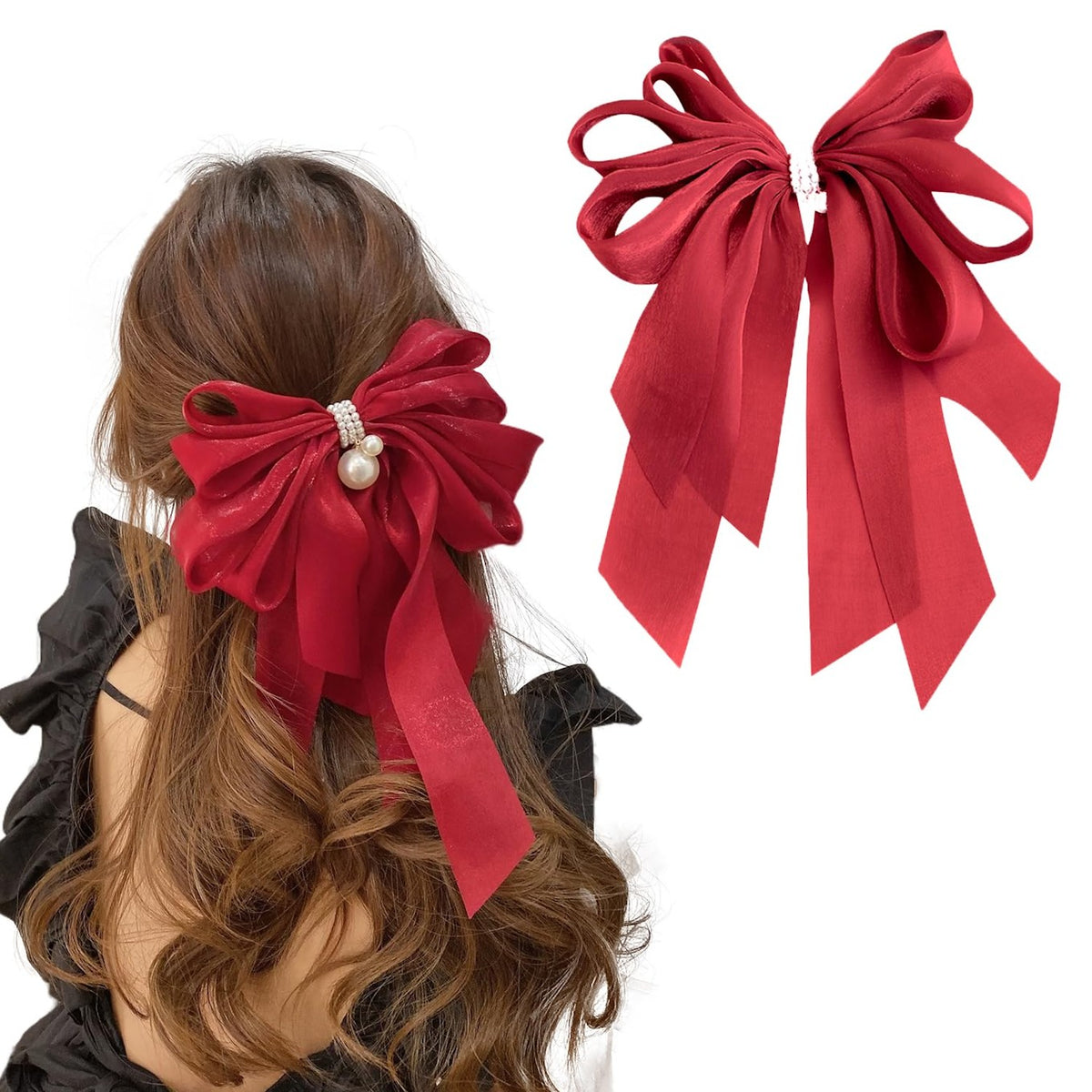 Red Pearl Bow Hair Clip Large